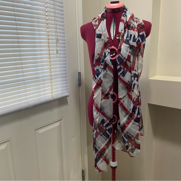 Cleo women red, white and blue plaid scarf. Size 72” long and 36” wide. Used. - Picture 6 of 6